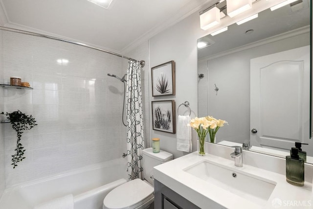 bathroom featuring toilet, crown molding, shower / bathtub combination with curtain, and vanity
