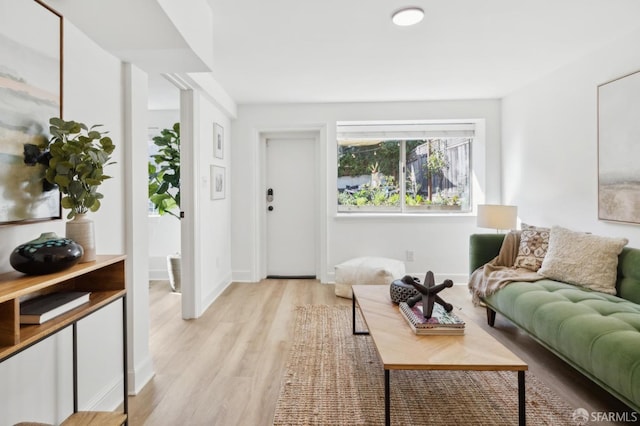 living room with baseboards and light wood-style floors