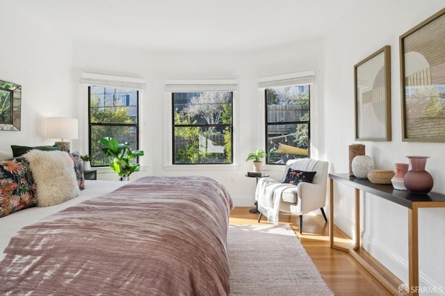 bedroom featuring multiple windows, wood finished floors, and baseboards