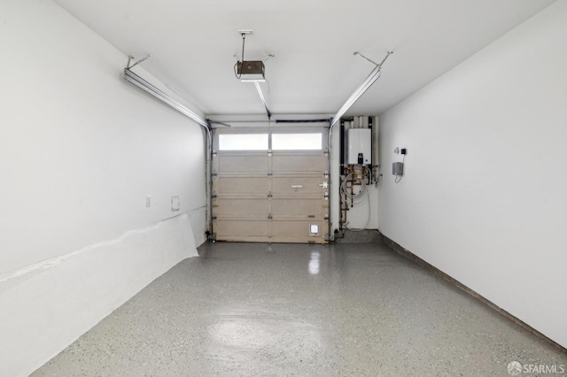 garage with a garage door opener and water heater