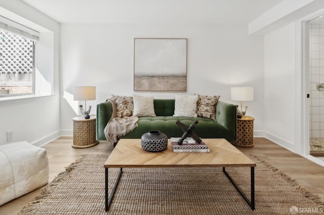 living area featuring baseboards and wood finished floors