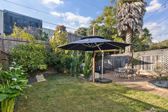 view of yard with a fenced backyard and a patio