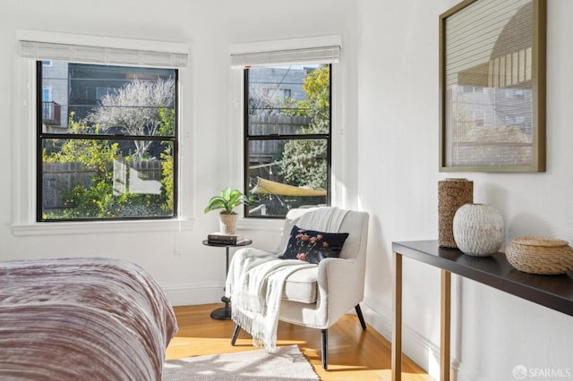 bedroom with multiple windows, baseboards, and wood finished floors