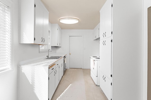 kitchen with white cabinetry, white range with electric cooktop, stainless steel dishwasher, and sink