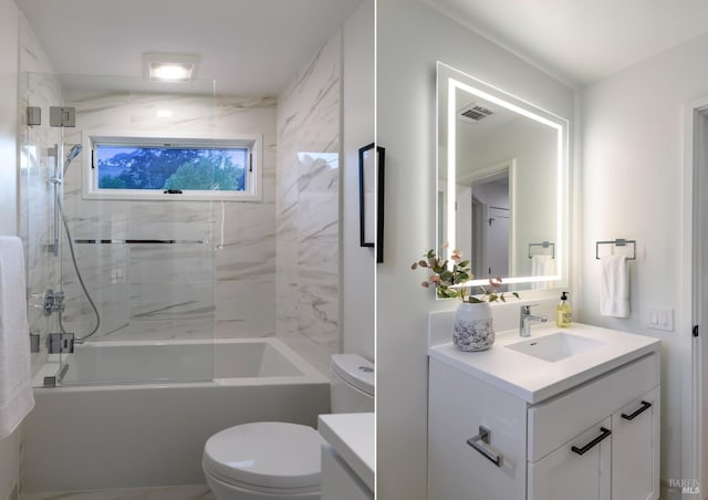 full bath featuring visible vents, toilet, shower / bath combination, and vanity