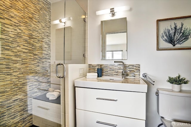 1751 Leimert Blvd, Oakland, CA 94602 - bathroom with backsplash, vanity, a stall shower, and tile walls