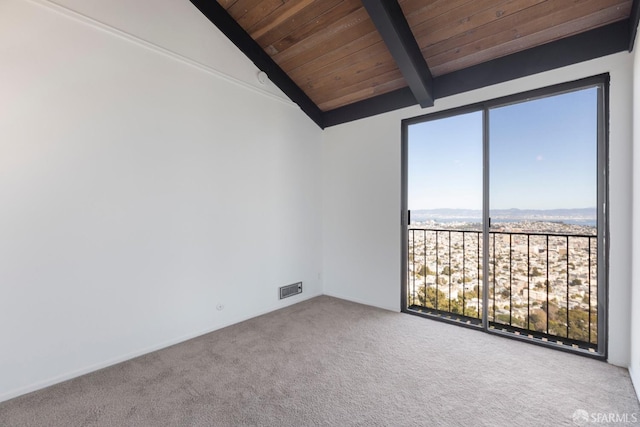 unfurnished room with lofted ceiling with beams, wood ceiling, visible vents, and carpet flooring