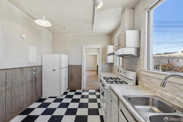 2440-2442 Balboa St, San Francisco, CA 94121 - kitchen featuring white appliances, dark flooring, a sink, under cabinet range hood, and wainscoting