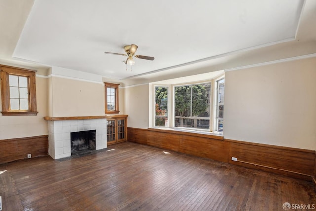 2440-2442 Balboa St, San Francisco, CA 94121 - unfurnished living room with ceiling fan, hardwood / wood-style floors, a fireplace, a wainscoted wall, and wood walls