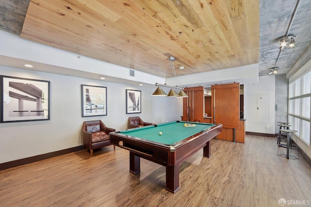 311 Oak St Unit 301, Oakland, CA 94607 - game room featuring billiards table, light wood-type flooring, wooden ceiling, baseboards, and recessed lighting