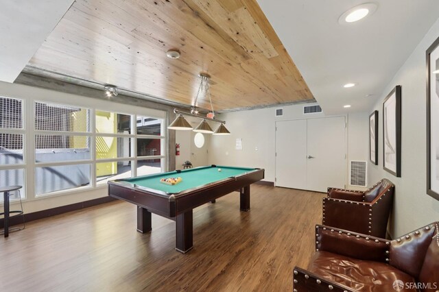311 Oak St Unit 301, Oakland, CA 94607 - game room with billiards, wood finished floors, wood ceiling, and recessed lighting
