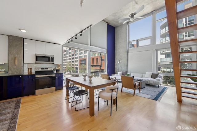 311 Oak St Unit 301, Oakland, CA 94607 - dining room featuring light wood-style floors, ceiling fan, a towering ceiling, and track lighting