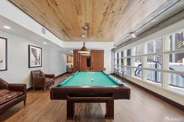 311 Oak St Unit 301, Oakland, CA 94607 - playroom featuring wood ceiling, baseboards, billiards table, healthy amount of natural light, and wood finished floors