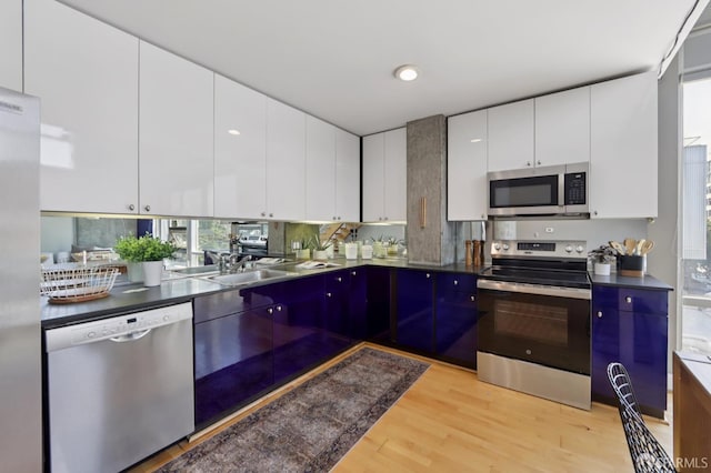 311 Oak St Unit 301, Oakland, CA 94607 - kitchen with stainless steel appliances, modern cabinets, light wood-type flooring, and a sink