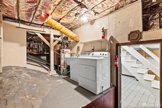 laundry room featuring gas water heater and washer and clothes dryer