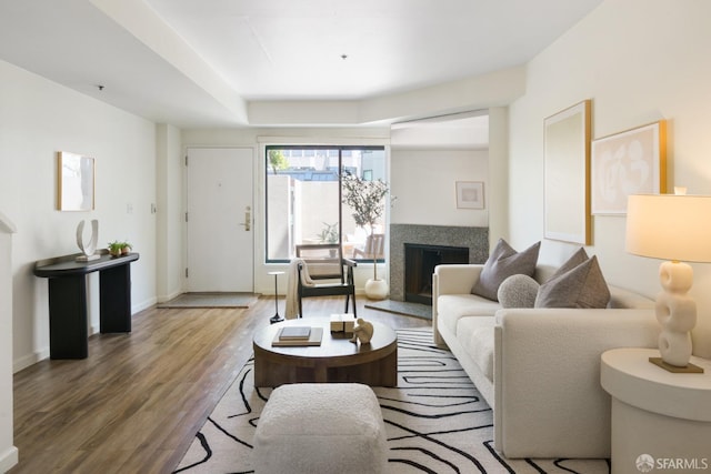 601 Van Ness Ave Unit 39, San Francisco, CA 94102 - living area with baseboards, wood finished floors, and a fireplace