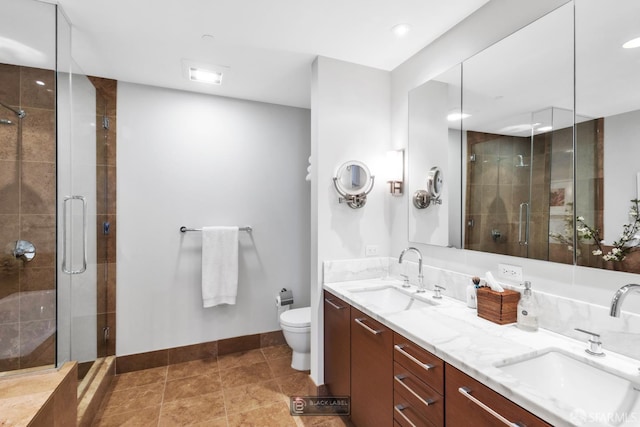 301 Mission St Unit 40D, San Francisco, CA 94105 - full bath featuring toilet, double vanity, baseboards, a stall shower, and recessed lighting