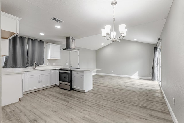 kitchen featuring visible vents, a peninsula, island exhaust hood, stainless steel range with electric stovetop, and a sink