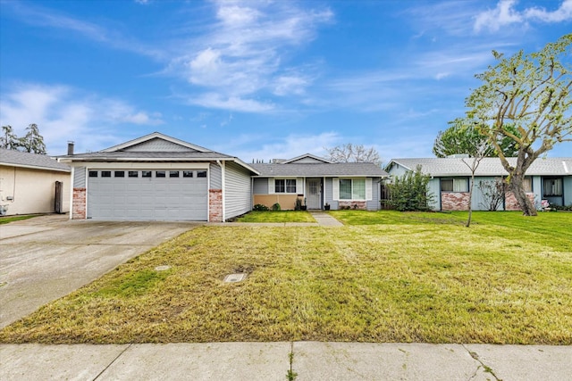 ranch-style house with a garage, concrete driveway, brick siding, and a front lawn