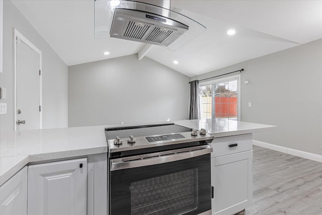 kitchen featuring lofted ceiling with beams, stainless steel range with electric stovetop, light wood-style flooring, and white cabinets