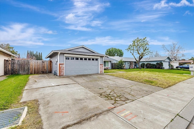 ranch-style home featuring a garage, brick siding, fence, driveway, and a front yard