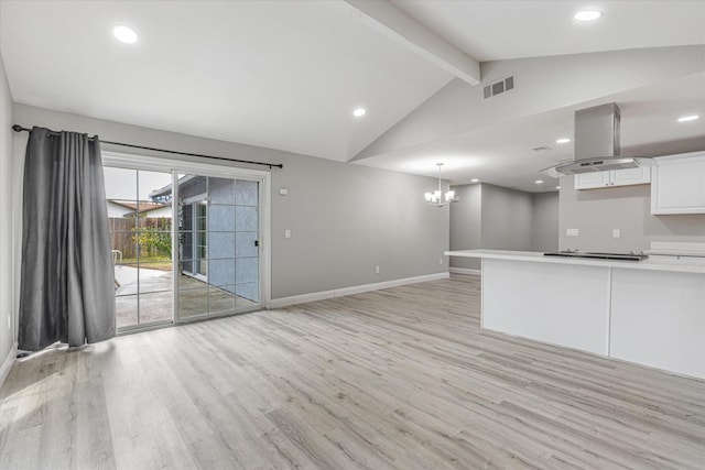 unfurnished living room featuring recessed lighting, visible vents, light wood-style flooring, lofted ceiling with beams, and baseboards