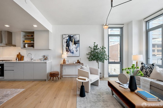 living room featuring sink, light hardwood / wood-style flooring, and a wealth of natural light