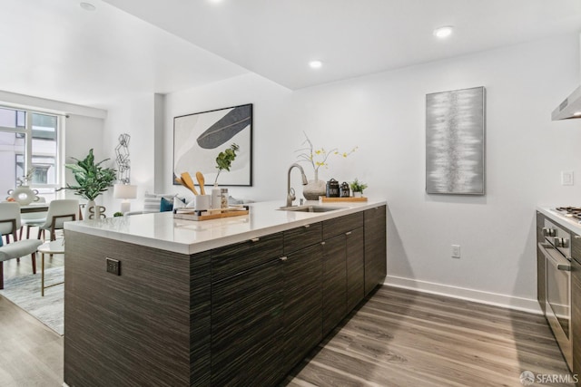 1688 Pine St Unit E709, San Francisco, CA 94109 - kitchen featuring a sink, light countertops, modern cabinets, wood finished floors, and dark brown cabinetry