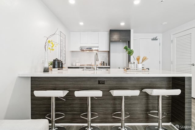 1688 Pine St Unit E709, San Francisco, CA 94109 - kitchen with modern cabinets, light countertops, a sink, a kitchen bar, and under cabinet range hood