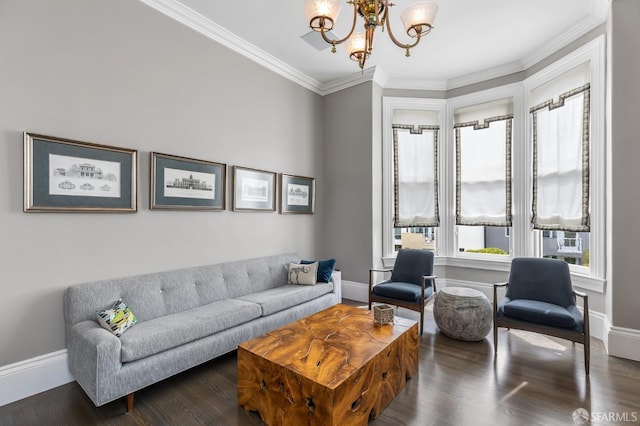 living room with an inviting chandelier, crown molding, and dark hardwood / wood-style flooring