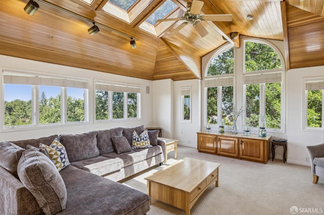 12553 Parker Ranch Ct, Saratoga, CA 95070 - living area with track lighting, wooden ceiling, light carpet, baseboards, and ceiling fan