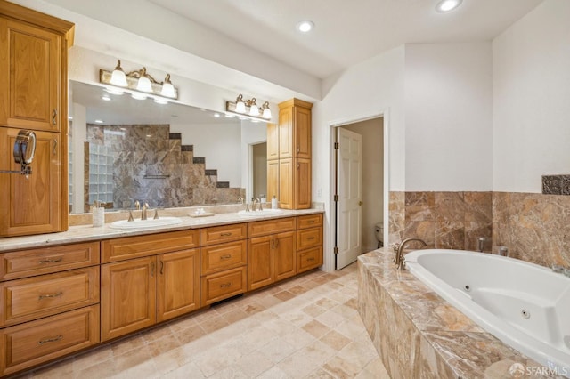 12553 Parker Ranch Ct, Saratoga, CA 95070 - full bathroom featuring a whirlpool tub, double vanity, a tile shower, toilet, and recessed lighting