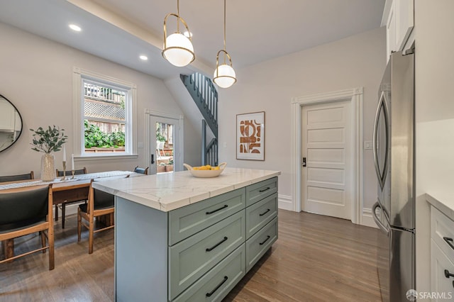 278 Whitney St, San Francisco, CA 94131 - kitchen featuring green cabinets, freestanding refrigerator, dark wood-type flooring, a center island, and recessed lighting