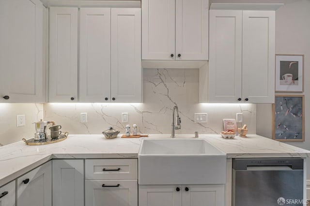 278 Whitney St, San Francisco, CA 94131 - kitchen featuring stainless steel dishwasher, decorative backsplash, white cabinets, and light stone countertops