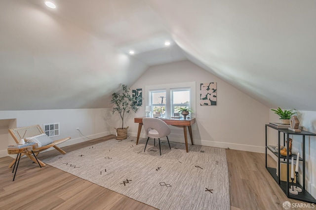 278 Whitney St, San Francisco, CA 94131 - office area featuring wood finished floors, lofted ceiling, and recessed lighting