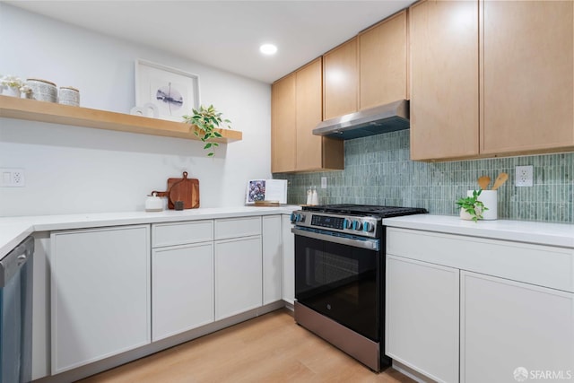 1945 Las Encinas Ct, Los Gatos, CA 95032 - kitchen featuring stainless steel appliances, open shelves, under cabinet range hood, light countertops, and recessed lighting