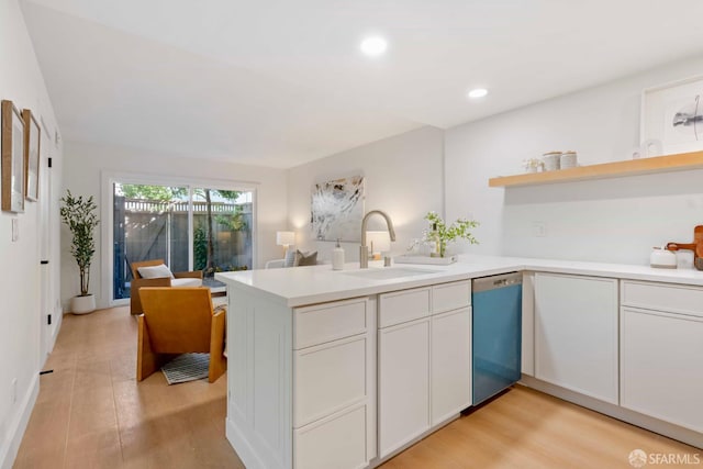 1945 Las Encinas Ct, Los Gatos, CA 95032 - kitchen featuring dishwashing machine, open shelves, white cabinets, a peninsula, and light countertops