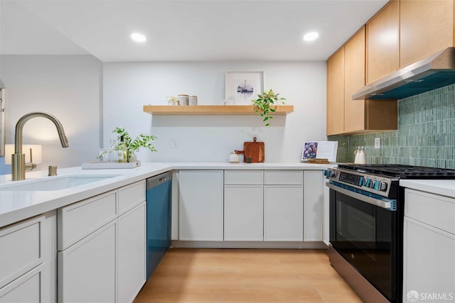 1945 Las Encinas Ct, Los Gatos, CA 95032 - kitchen with stainless steel gas range oven, under cabinet range hood, open shelves, dishwashing machine, and light countertops