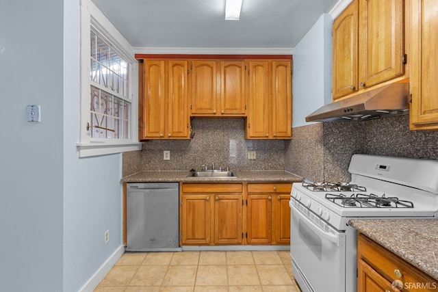 3328 San Jose Ave, Daly City, CA 94014 - kitchen featuring a sink, dishwasher, tasteful backsplash, under cabinet range hood, and white range with gas cooktop