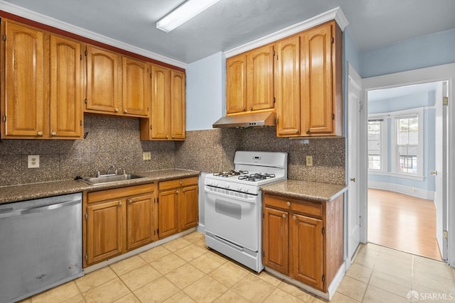 3328 San Jose Ave, Daly City, CA 94014 - kitchen with white range with gas cooktop, under cabinet range hood, brown cabinets, a sink, and dishwasher