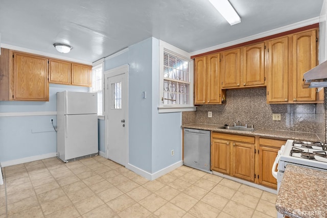 3328 San Jose Ave, Daly City, CA 94014 - kitchen featuring baseboards, a sink, backsplash, and white appliances
