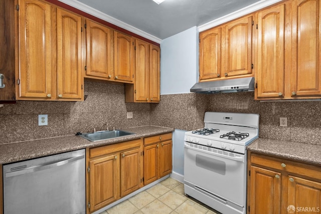 3328 San Jose Ave, Daly City, CA 94014 - kitchen with a sink, under cabinet range hood, brown cabinets, white gas range oven, and dishwasher