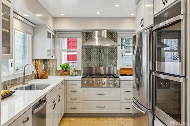 kitchen featuring appliances with stainless steel finishes, white cabinetry, sink, backsplash, and wall chimney range hood