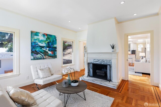153 Dale Ave, San Carlos, CA 94070 - living room with crown molding, a high end fireplace, and recessed lighting