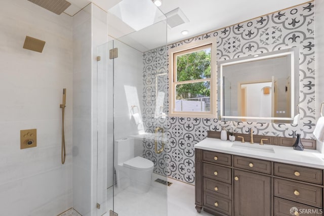 153 Dale Ave, San Carlos, CA 94070 - full bathroom featuring wallpapered walls, a stall shower, and vanity