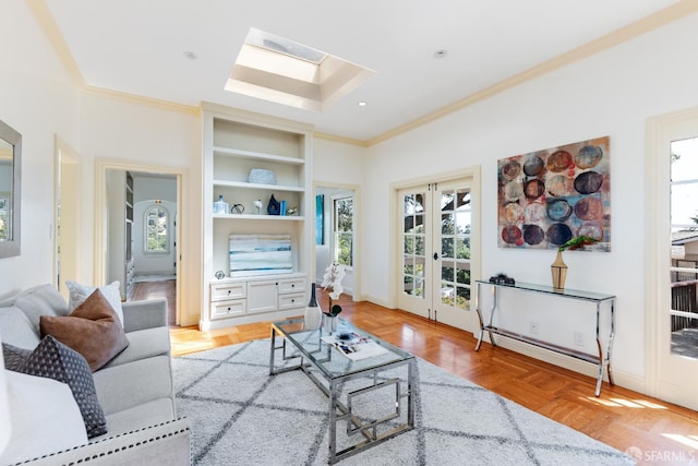 153 Dale Ave, San Carlos, CA 94070 - living room featuring ornamental molding, a skylight, built in features, and french doors