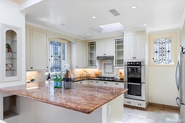 153 Dale Ave, San Carlos, CA 94070 - kitchen with stainless steel appliances, a skylight, a peninsula, stone counters, and tasteful backsplash