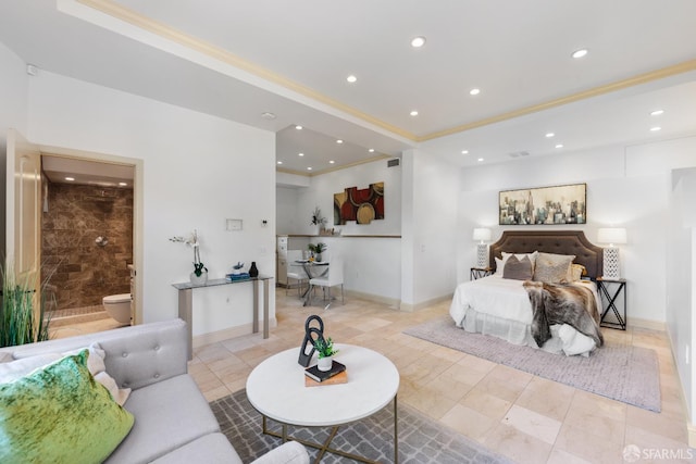 153 Dale Ave, San Carlos, CA 94070 - bedroom featuring an office area, recessed lighting, ornamental molding, and connected bathroom
