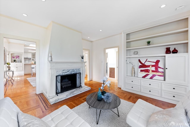 153 Dale Ave, San Carlos, CA 94070 - living area featuring crown molding, a fireplace, and recessed lighting