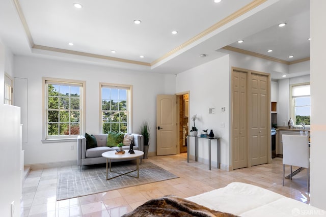 153 Dale Ave, San Carlos, CA 94070 - living room with crown molding, a raised ceiling, and recessed lighting